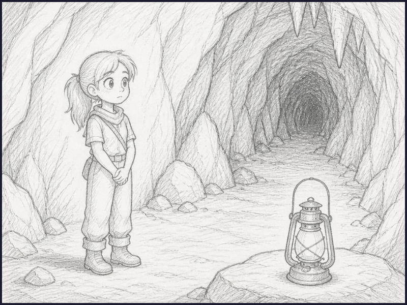 A provisional pencil render of a child waiting in a cave beside a lantern