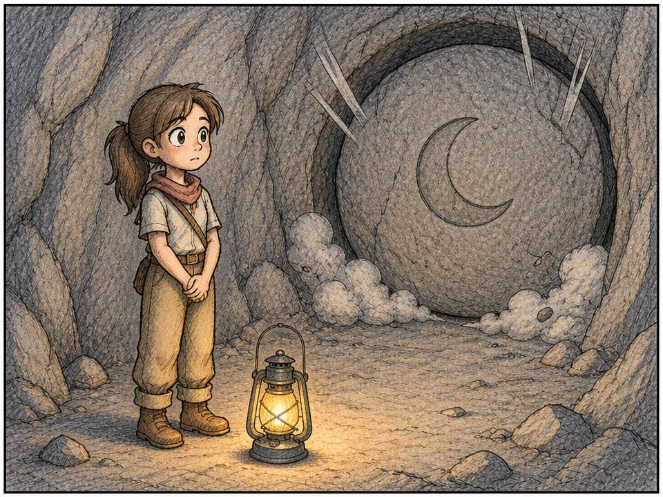 A rendered comic panel of Mara, a lantern, a cave, and a moon door