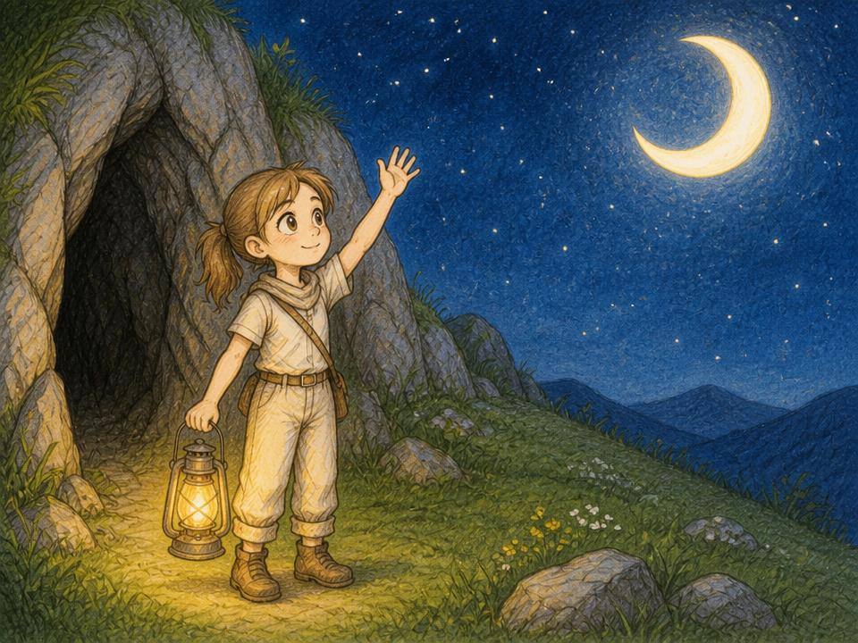 A finished Maliang comic panel showing a child with a lantern waving to a crescent moon outside a cave