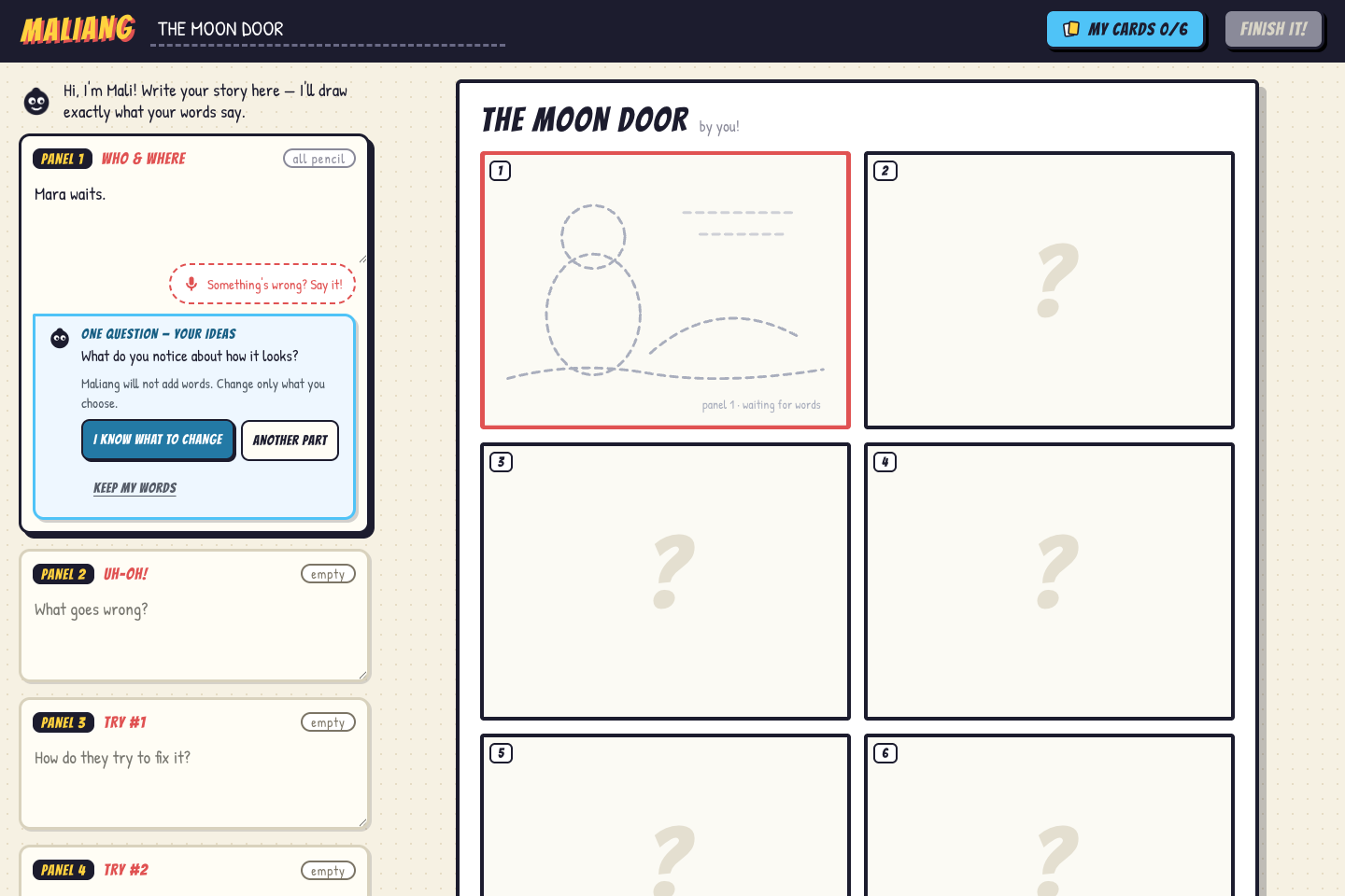 Maliang app showing the Moon Door editor, six comic panels, and an optional writing-helper question